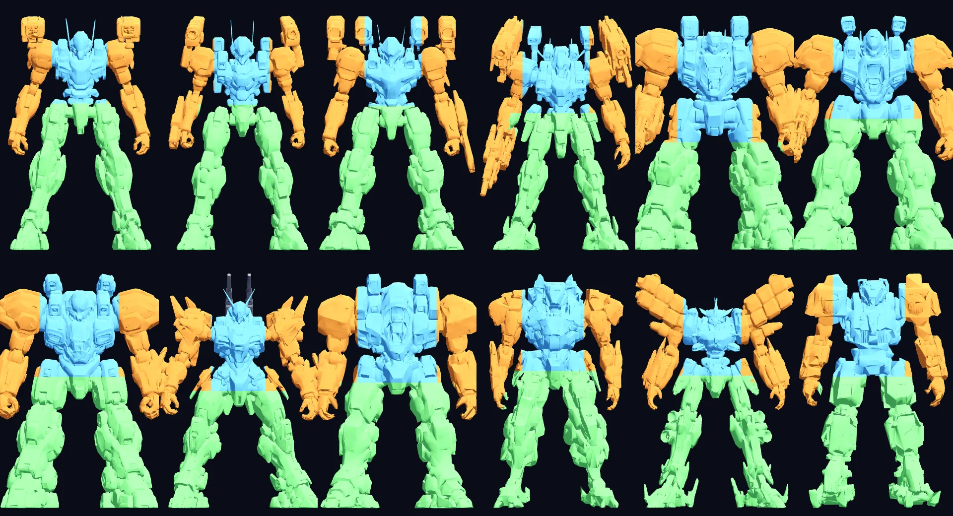 Twelve mechs, each split into arms in orange, core in blue and legs in green