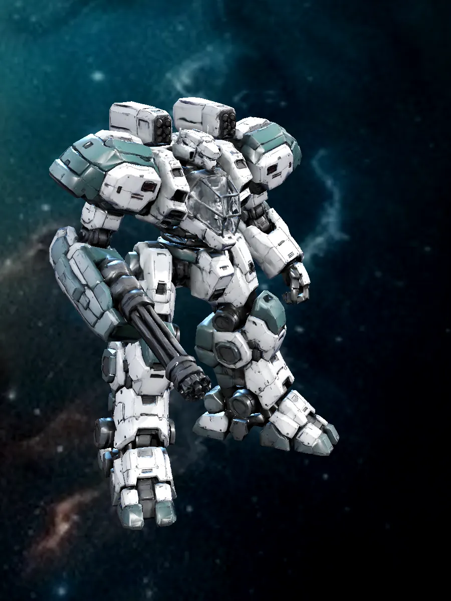 White & teal gatling frame mech, in-game model
