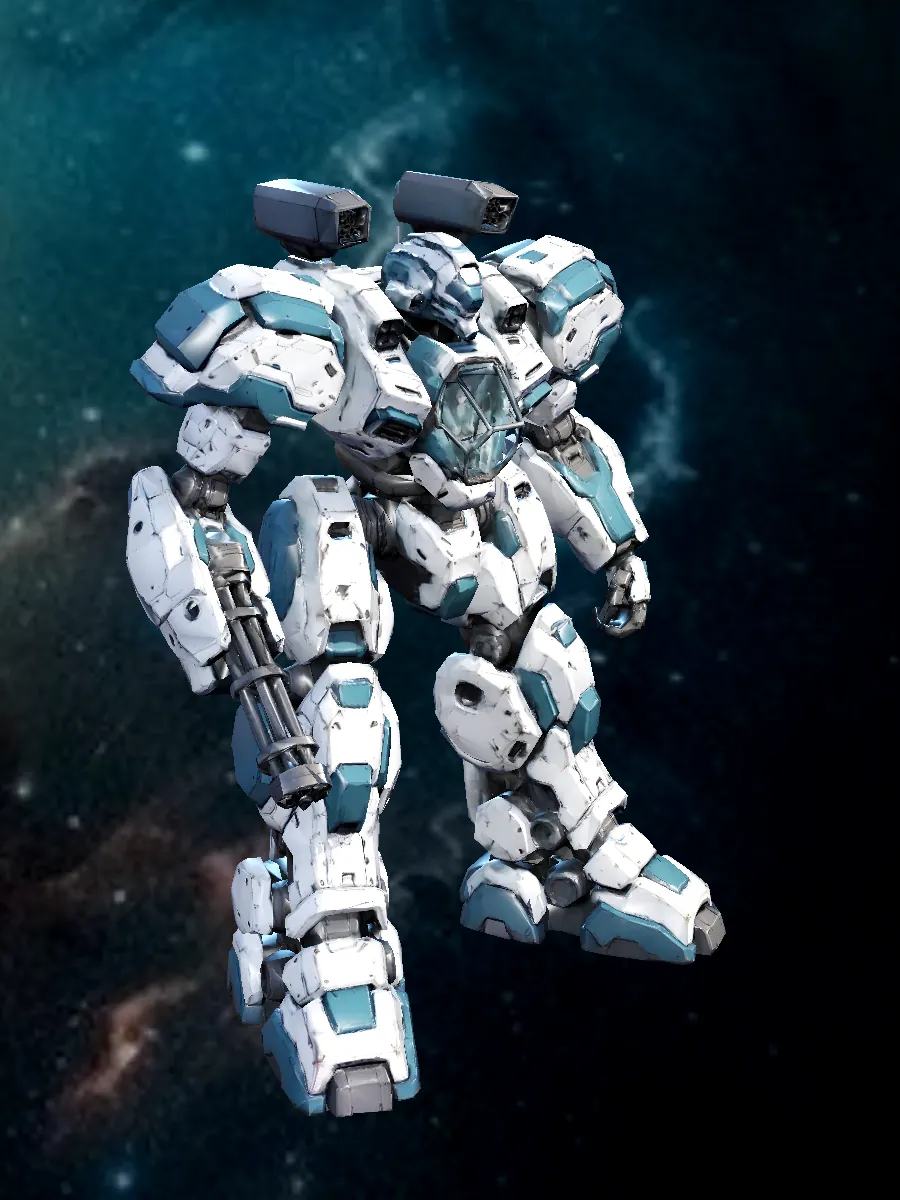 White & blue gatling frame mech, in-game model